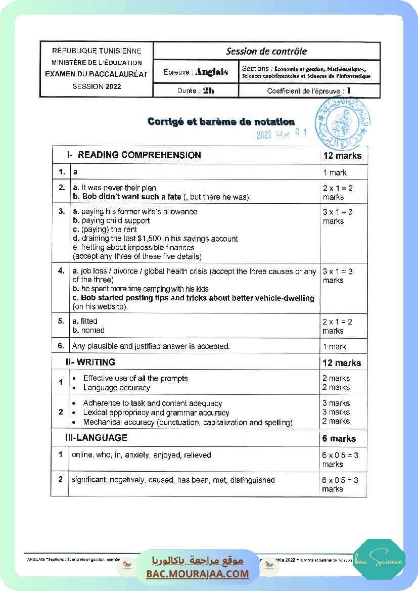 Corrigé controle anglais Bac 2022 – Section science
